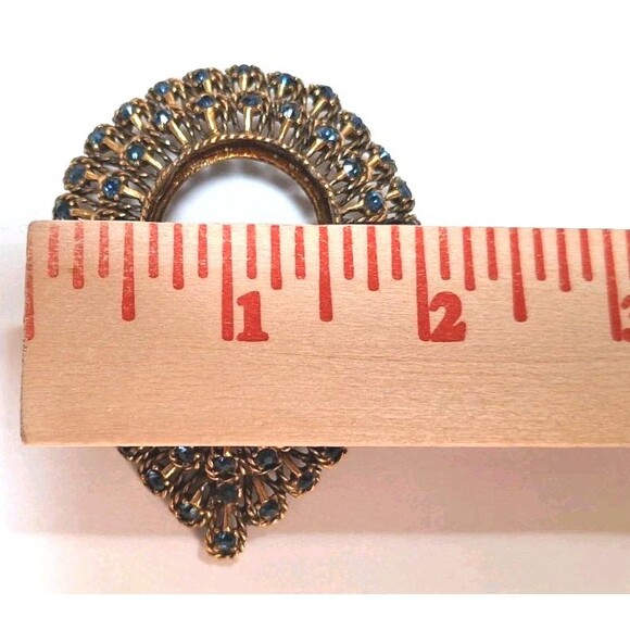 Vtg Vogue JLRY Reverse Teardrop Shaped Brooch - Gold Toned Blue Rhinestones - Picture 8 of 9